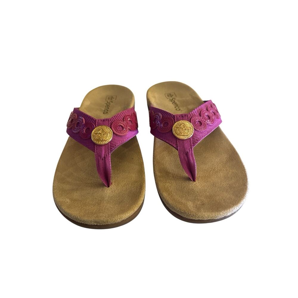 Spenco Tierra Sandals Thong Festive Fuschia Fabric Paten Leather Accent Size 8.5 - Picture 6 of 10